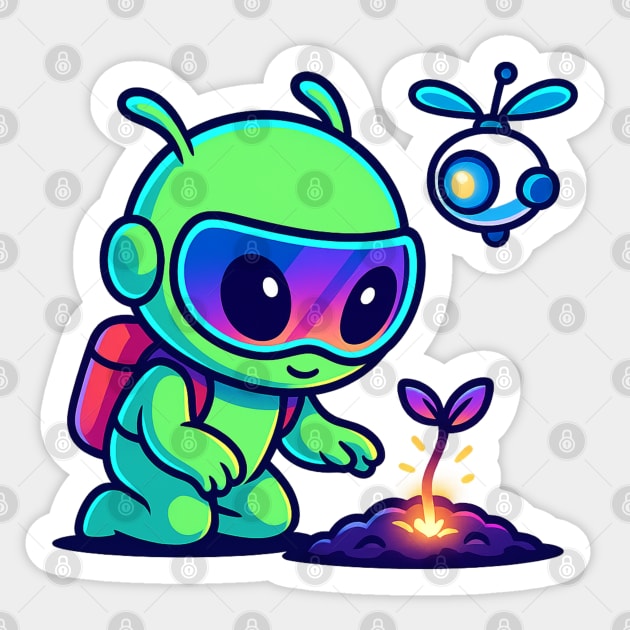 Nurture the Stars – Cute Alien Plant Art | Wholesome Cosmic Growth Tee Sticker by Anne Lee